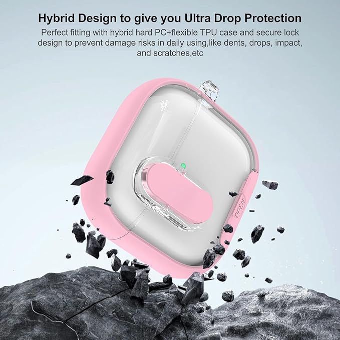 for Airpods 4 Case Clear,Secure Lock for Airpods 4th Generation Case Cover with Phone Stand and Magsafe Function,Auto Pop-up,Hybrid Protection Design with Carabiner&Cleaning Pen-Pink