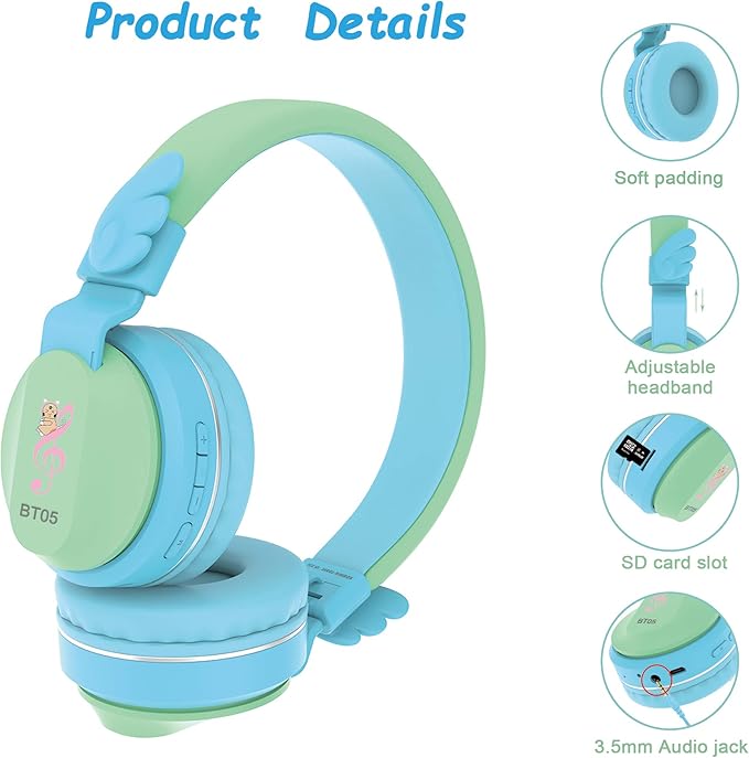 Riwbox BT05 Bluetooth Kids Headphones Wireless Foldable Headset Over Ear with Volume Limited and Mic/TF Card Compatible for iPad/iPhone/Tablet (Green&Blue)