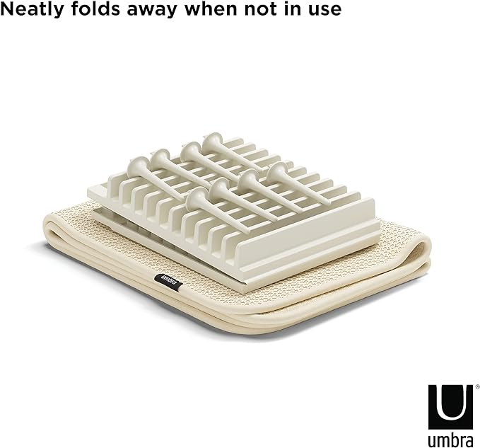 Umbra Udry Rack and Microfiber Dish Drying Mat-Space-Saving Lightweight Design Folds Up for Easy Storage, Standard, Linen