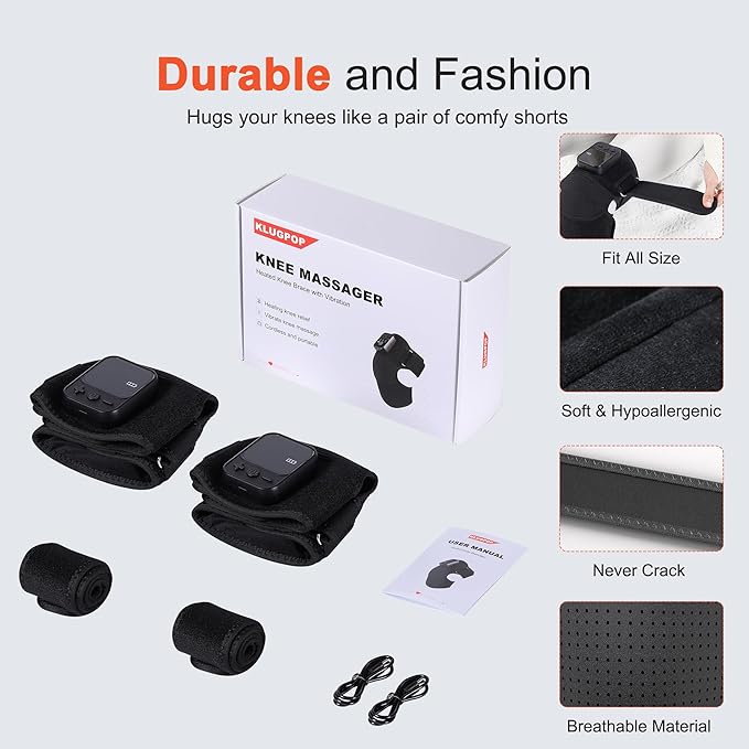 Knee Massager with Heat for Pain Relief V5.0[2025 Upgraded] - Electric Cordless Heated Knee Brace with 6 Heat Levels and 3 Vibration Massage Mode, for Men Women (Black, 2-Pack)