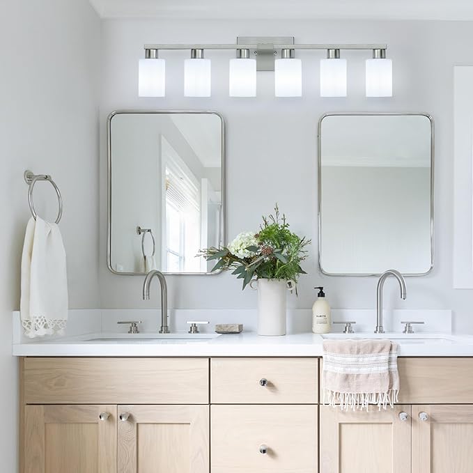 6-Light Bathroom Vanity Light, Brushed Nickel Fixture with Milky White Frosted Glass Shades, Large Over-Mirror Lighting for Bathroom, Modern Vanity Lights