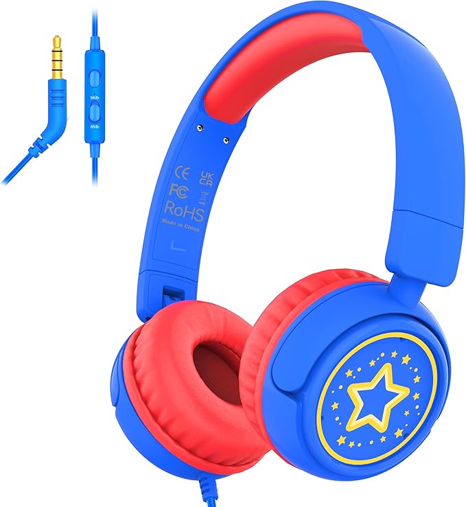 Kids Headphones with Cord for School, 85/94dB Volume Limit Headphones for Kids, Portable Wired Headphone with Shareport, Stereo Sound Foldable Headset for School/Tablet/iPad/Kindle (Blue)