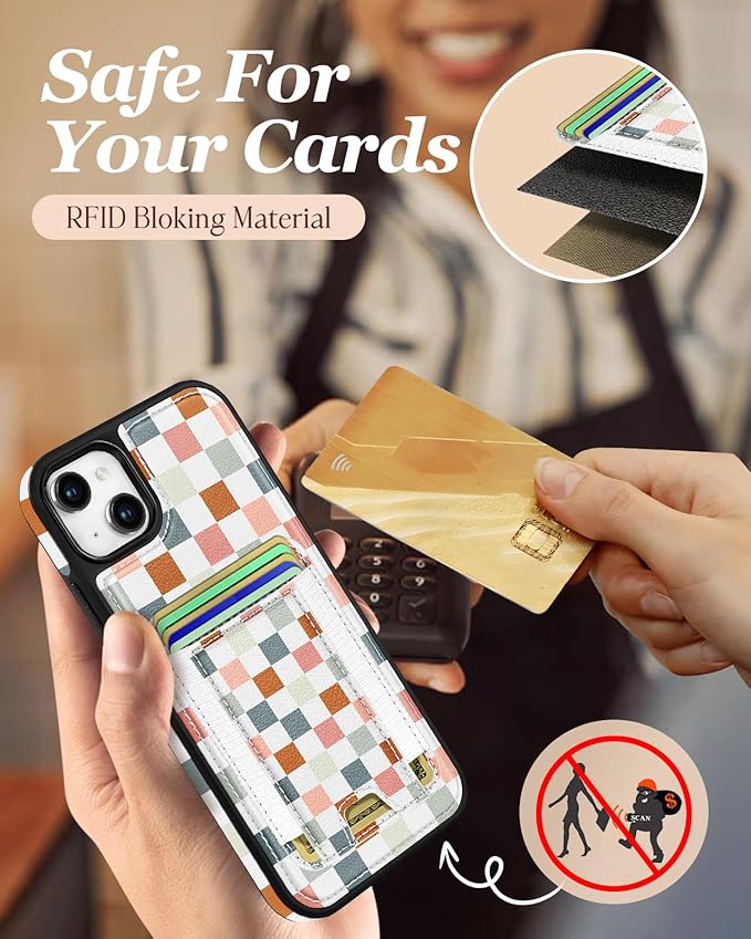 Shorogyt for iPhone 15 Wallet Case - Fits 5 Cards, Compatible with Magsafe Detachable Magnetic Credit Card Holder Leather Cardholder Cute Phone Cover Women Girls for Apple 15, Checkered