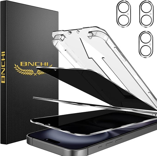 BNCHI 3 Pack for iPhone 16 Privacy Screen Protector + 3 Pack Camera Lens Protector, Shatterproof Premium Tempered Glass, Auto-Dust Removal, 28°Anti Spy, 9H Full Coverage Tempered Glass Film