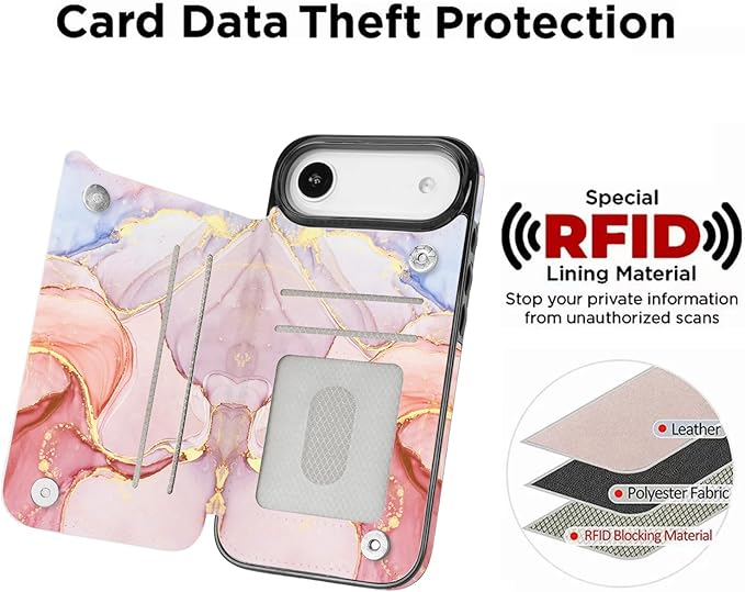 uCOLOR for iPhone 17 Air Wallet Case with Card Holder PU Leather RFID Blocking Design iPhone Air flip case for Women Men Magnetic Clasp Kickstand Design 6.5 inch (Pink Purple Marble)