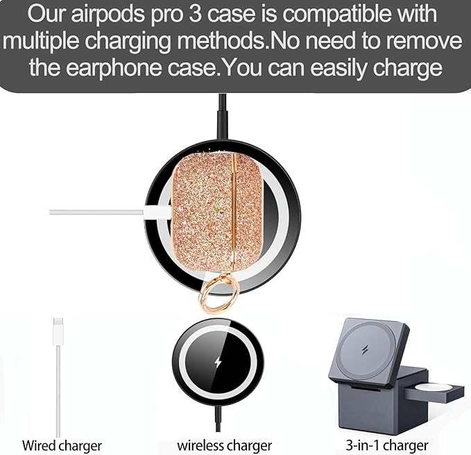 for Glitter AirPods Pro 3 Case 2025| Cute Bling Hard Air Pods Pro 3 Case (Model A2700/A2931) | with Keychain | Sparkly Rhinestone iPods Pro 3 Cases for Women Girl(Champagne)