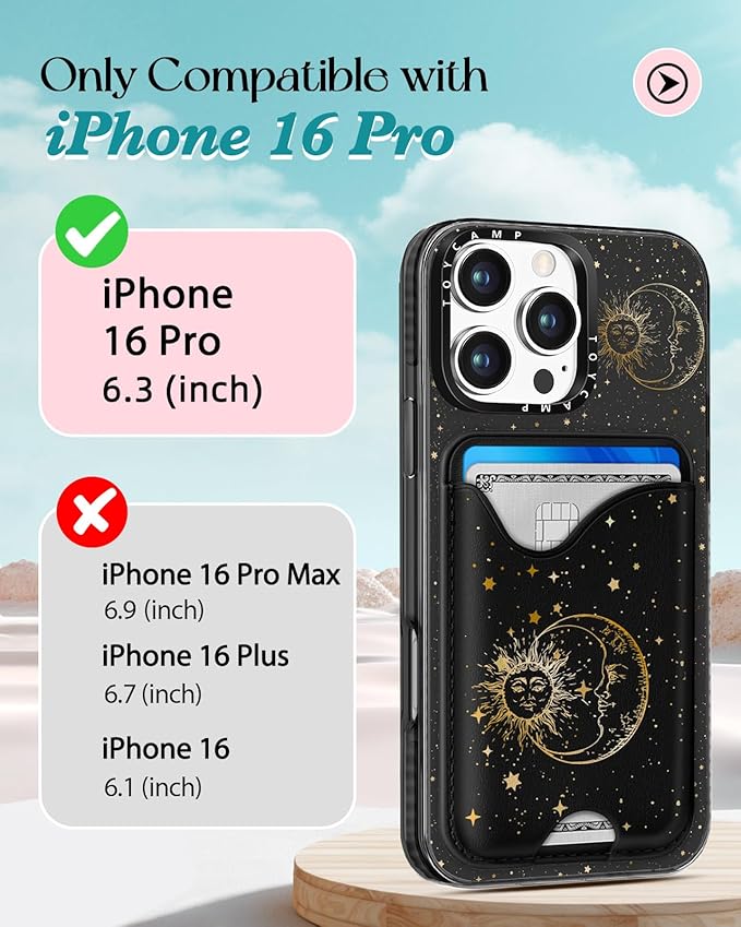 Toycamp for iPhone 16 Pro Case - Compatible with Magsafe Credit Card Holder Wallet Magnetic Cute Women Teen Girls Kawaii Girly Unique Sun Moon Design Phone Cover for Apple 16 Pro 6.1"