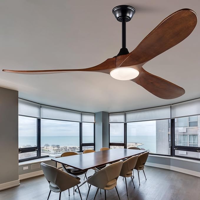 60 Inch Ceiling Fan with Lights and Remote, 3 Wood Fan Blades Ceiling Fan with Quiet Reversible DC Motor Indoor Outdoor for Patios Living Room Bedroom Study