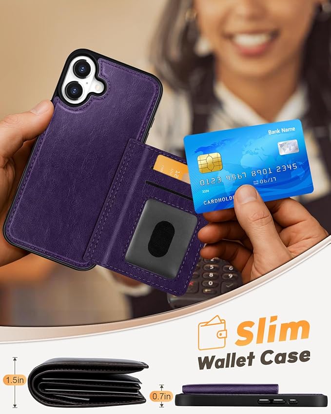 for iPhone 16 Plus Case with Wallet - Fits 4 Card Slots, Compatible with MagSafe for Women Aesthetic Durable PU Leather Credit Card Holder Kickstand Phone Cover for Apple 16 Plus, Purple