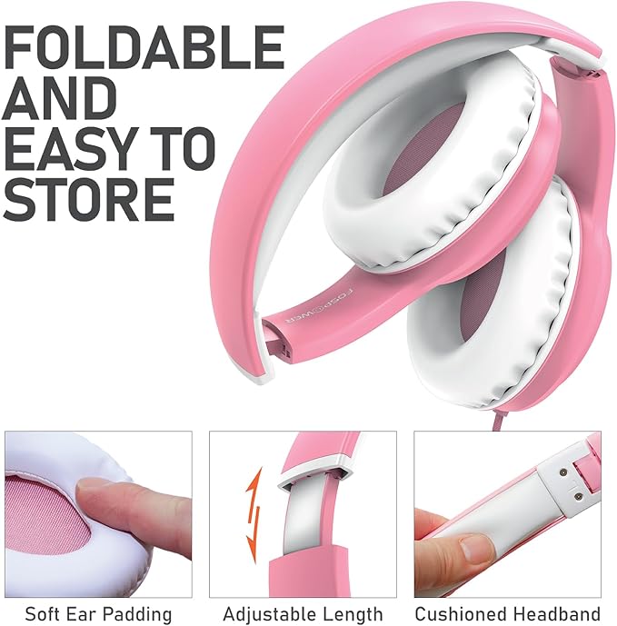 FosPower Kids Headphones with 3.5mm Laced Cables, Children & Teens Over The Ear Foldable Adjustable Headset w/Built-in Mic for Smartphones/PC/Tablet/Laptop/School (Max Volume 85dB) – Pink/White