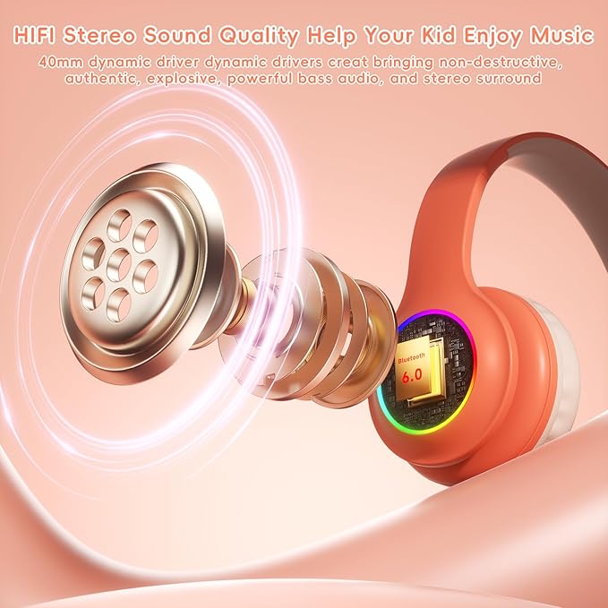 Kids Bluetooth 6.0 Headphones with LED Light, 85Hours Playtimes, Type-C Fast Charging, 85/94dB Volume Limited, Wireless Headphones with Built-in Mic, Wired & TF Card Mode, Pink and Orange