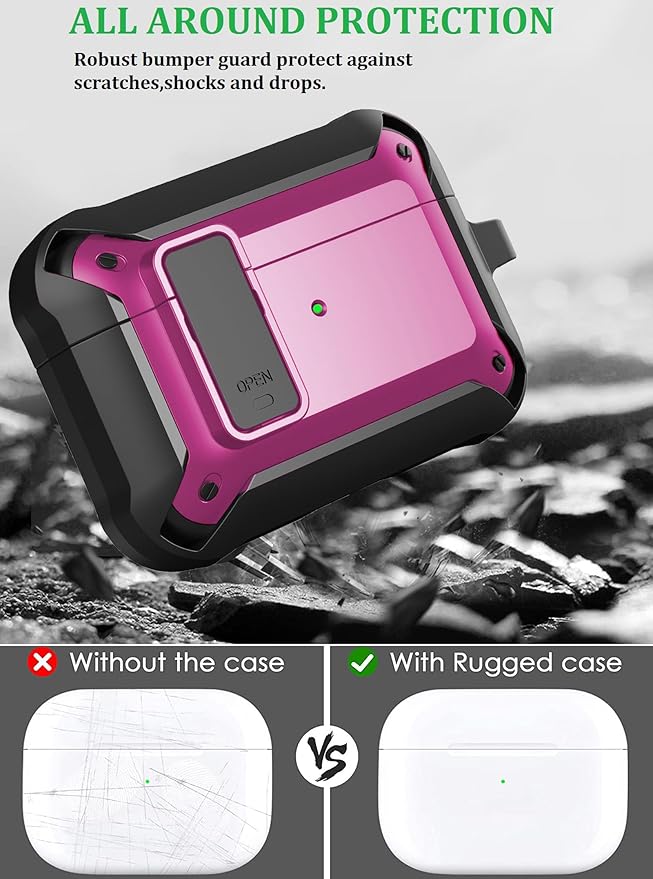 for Airpods Pro 3 Case with Magnetic Automatic Lock, Rugged Apple Airpod Pro 3rd Generation Cover 2025, Armor Shockproof iPod Pro3 Gen Protective Shell with Carabiner&Cleaner kit, Black/Magenta