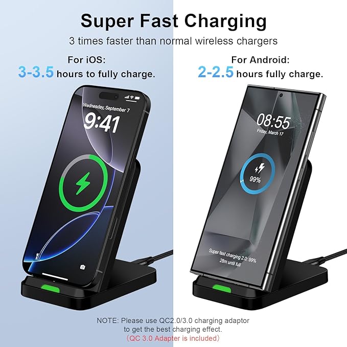 Wireless Charger Stand for Moto G Stylus 5G 2025/2024,Moto Edge/Razr 2025,Moto G Power 5G 2025/2024,15W Fast Charging Station with QC Adapter for Samsung Galaxy S25 S24FE,iPhone 17 16 15,Pixel 10 Pro