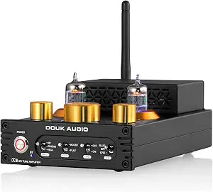 Douk Audio Tube Phono Amp: Bluetooth Receiver | 2-Channel Amplifier for MM Turntables | 160W×2 TDA7498E | Tone Control | for Desktop Vinyl HiFi Home Audio System (X1)
