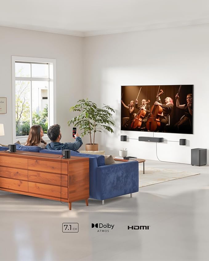 ULTIMEA 7.1ch Sound Bar with Dolby Atmos, Surround Sound System for TV with 4 Surround Speakers, Sound Bar for Smart TV with App Control, Soundbar with Subwoofer for Home Theater, HDMI eARC, Aura A60