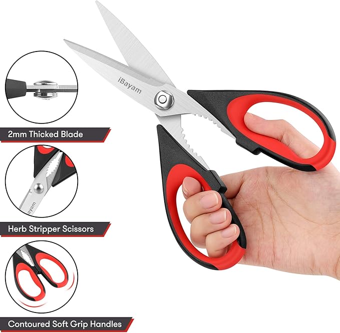 iBayam Kitchen Scissors All Purpose Heavy Duty, Kitchen Utensils Set, Stainless Steel Cooking Utensils Gadgets, Meat Poultry Food Shears Dishwasher Safe Utility Tools Home Gift, with Protective Sheath