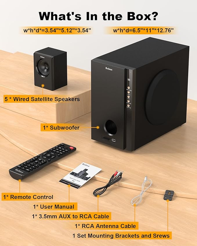 Bobtot Home Theater Systems with 5.25 inch Subwoofer, 5.1 Wired Satellite Surround Sound Speakers, 600 Watts Peak Power Deep Bass Audio Stereo System with FM Radio Bluetooth AUX DVD USB SD Input