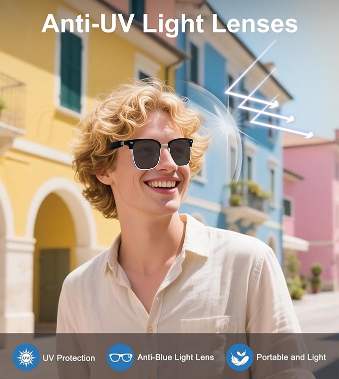 Smart Glasses, Bluetooth 5.4 Sunglasses for Men & Women with Open Ear Speaker, Voice Assistant Compatible, Blue Light Filter & UV Pretection Lenses for Android/iOS, Half Frame Sunglasses, Black
