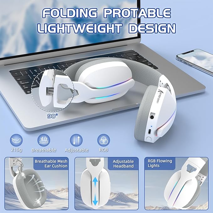 Attack Shark L90 Ultralight RGB Wireless Gaming Headset with Plug-in Microphone,Bluetooth 5.3 & 2.4G Wireless & Wired Headphone, 7.1 Surround Sound for Xbox One Series, PS4,PS5 & PC (White)
