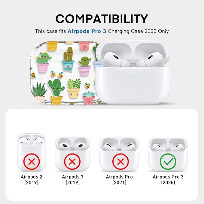 Maxjoy for AirPods Pro 3rd Generation Case, Clear AirPods Pro 3 Case for Women Girly Cute Soft AirPod Pro 3 Cover with Keychain Strap for AirPod Pro 3rd Gen Cover 2025, Cactus