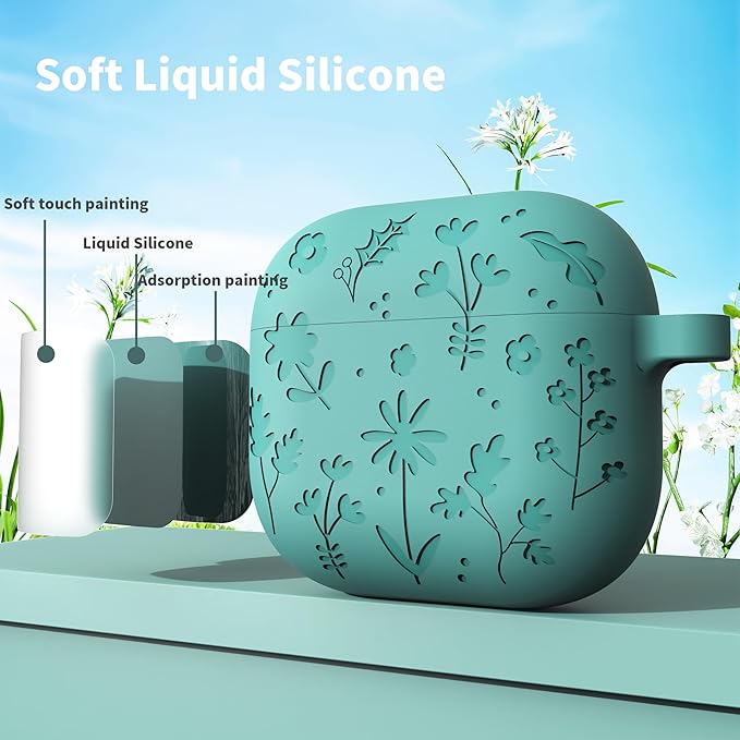 DamonLight Flora Engraved Case for AirPods 4 Cover Shock-Proof Protective Silicone Case with Keychain for Apple Airpods 4th Generation 2024 Released (Forest Green)