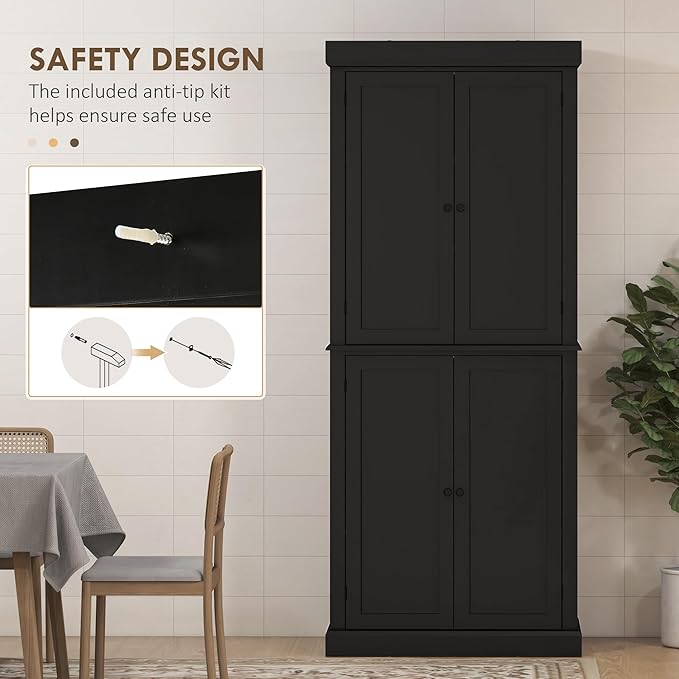 HOMCOM 72.5" Freestanding Kitchen Pantry Cabinet, Tall Storage Cabinet with 4 Doors and 2 Adjustable Shelves for Dining Room, Black