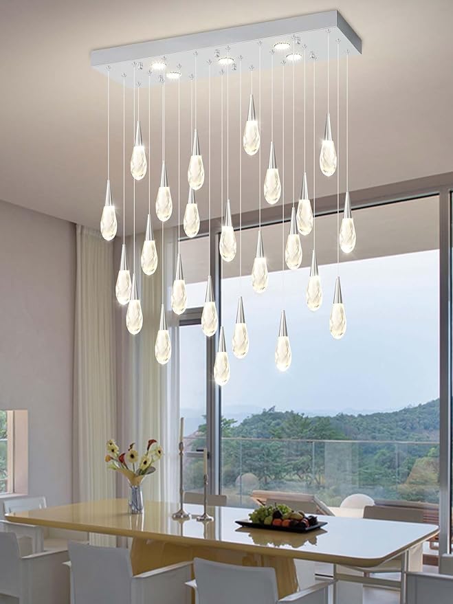 Rectangular Chandelier 24-Lights LED Dimmable Raindrop Chandeliers for High Ceiling Large Chandelier Light Fixture Gold High Ceiling Pendant Lights for Villa Living Room Staircase