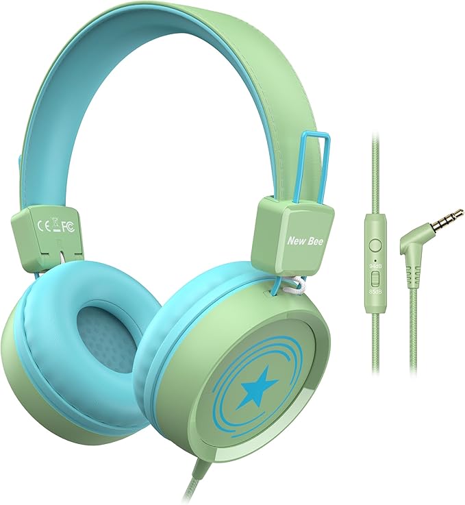 New Bee Kids Headphones for School with Microphone KH20 HD Stereo Safe Volume Limited 85dB/94dB Foldable Lightweight On-Ear Headphone for boy Mac/Android/Kindle/Tablet/Pad