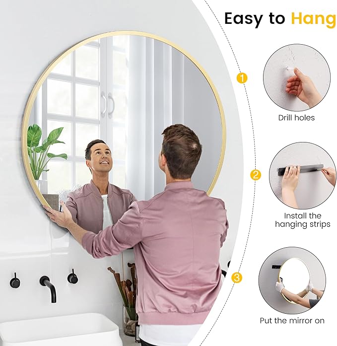 30 in Round Mirror for Wall, Gold Metal Frame Circle Mirror, Round Bathroom Mirror for Wall Decor, Mirror for Entryway, Vanity, Bedroom, Easy to Install