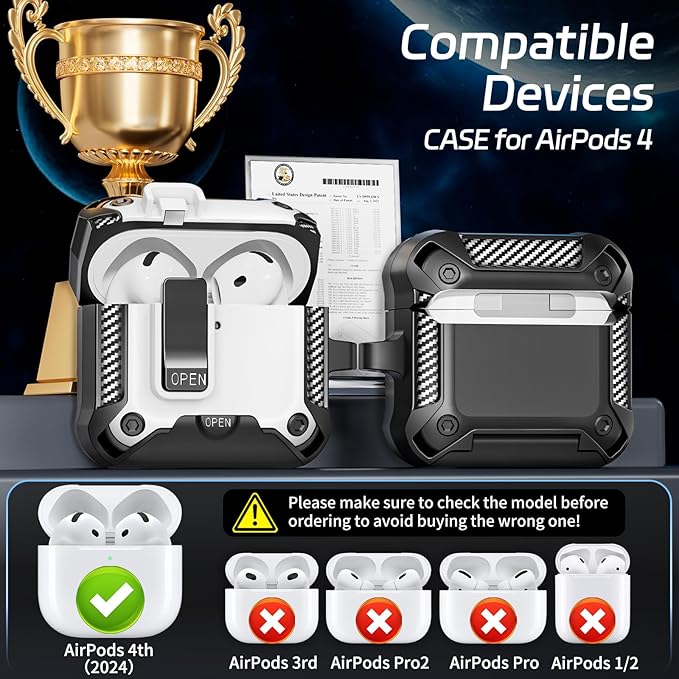 Secure Lock Case for AirPods 4 with Phone Stand, Cleaning Kit & Keychain, Shockproof Protective Cover Compatible with Apple AirPods 4th Gen 2024 for Men Women, Anti-Scratch