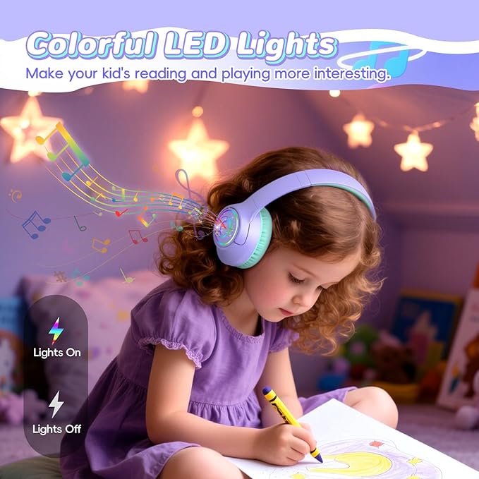 Kids Bluetooth Headphones, 85H Playtime Wireless Headphones for Kids, Colorful LED Lights, 85/94dB Safe Volume Limit, Bluetooth 5.4 Built-in Mic Toddler Headset for Tablet/Airplane (Purple)