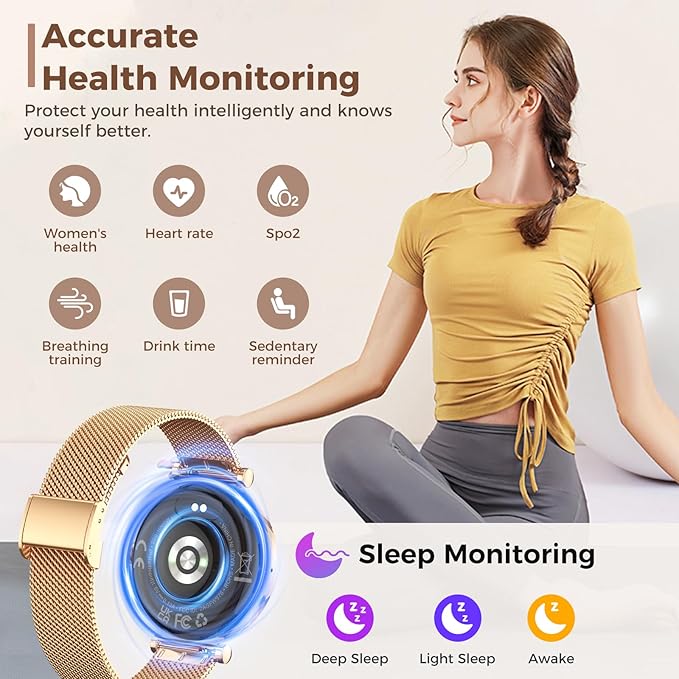 Smart Watch for Women, AMOLED HD Display Fitness Tracker Bluetooth Make/Answer Call, 1.19" Watches with 110+ Sports Modes/Heart Rate/SpO2/Sleep Monitor, Smartwatch IP68 Waterproof for Android iOS