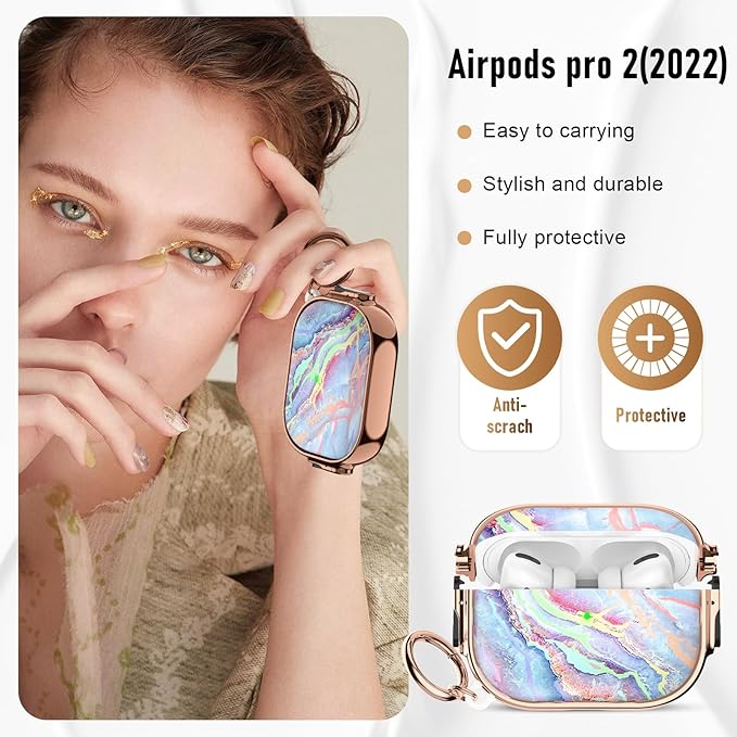 Maxjoy for Cute Airpods Pro 2 case with Safety Lock,Compatible Airpods Pro Case 2nd/1st Gen,Compatible Colored Marble AirPods Case Cover for Women Girly with Keychain-Rainbow