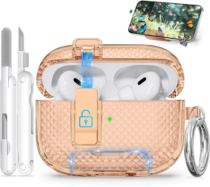 for AirPods Pro 2 Case with Phone Stand & Secure Lock, Auto-Open Clear Cover Compatible with Apple AirPods Pro 2nd/1st Gen (2023,2022,2019) with Cleaning Kit & Keychain (W-Brown)