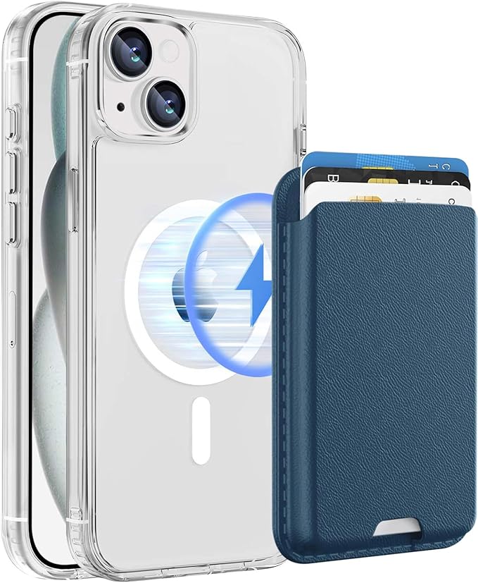 Magnetic for iPhone 15 Clear Case with Blue Detachable Wallet, Compatible with MagSafe, Credit Card Holder with Slim Shockproof Protective Phone Cover