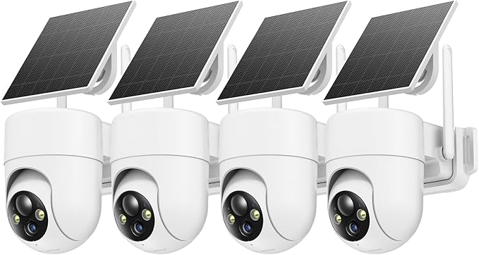 2K Solar Security Cameras Wireless Outdoor, 4PCS Outdoor Camera Wireless with 360° View, Cameras for Home Security with Color Night Vision, Only Support 2.4GHz Wi-Fi, 4 Pack, White