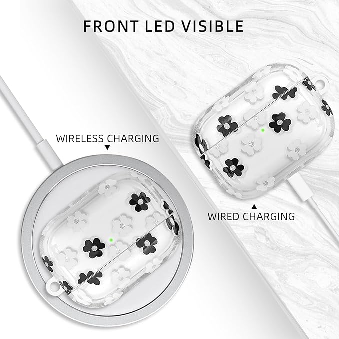 Compatible with AirPods Pro 2 Case Cover 2022, Soft TPU with Cute Flower Pattern for AirPods Pro 2nd/1st Generation Case with Flower Keychain and Carabiner for Girls Women (Black)