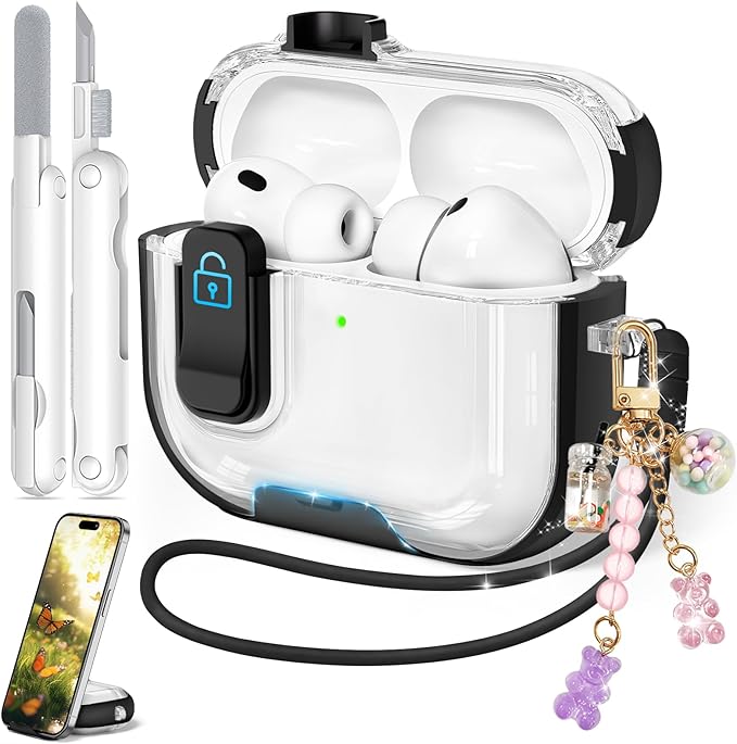 for Airpods Pro 3 Case 2025, Anti-Yellowing Clear Case for Airpods Pro 3 with Secure Lock & Phone Stand, Soft TPU Drop Protection Cover with Cleaning Kit (Black)