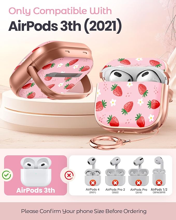 Coralogo for AirPods 3rd Case with Safety Lock - Cute Cartoon for AirPods 3rd Generation for Women Girls Fashion Stylish Strawberry Pattern Design Kawaii Girly Girlish Hard Protective Cover