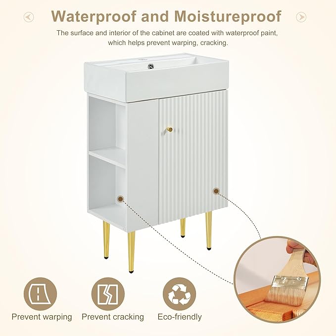 Favfurish 21.6" Bathroom Vanity with Rectangle Ceramic Vessel Sink Combo,Freestanding Left Side Storage Cabinet W/Soft-Close Doors,Assembled Quickly,for Small Spaces,White