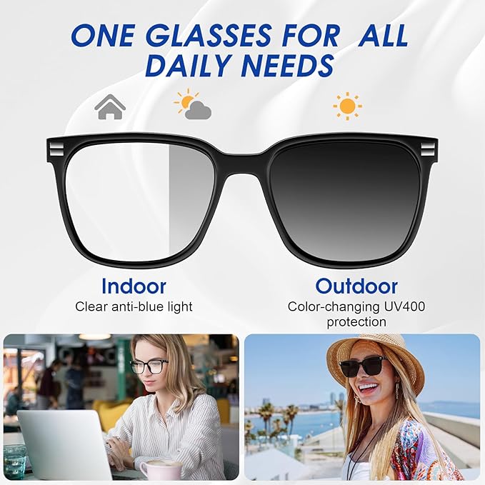 Smart Glasses, Photochromic Anti Blue Light Bluetooth Sunglasses, UV400 Protection, Open-Ear Audio, Hands-Free Calls, Voice Assistant, Wireless Eyewear for Men Women