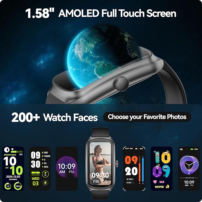 AMOLED Fitness Tracker Watch with 24/7 Heart Rate/SpO2/Sleep Monitor, IP68 Waterproof Smart Watch, Step Calorie Counter Pedometer Swimming Health Activity Trackers & SmartWatches for Women Men
