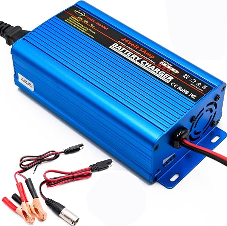 Unocho 24V 5A Battery Charger Smart 4-Stage Lead Acid Battery Maintainer with 3-Pin XLR & Alligator Clips for AGM Gel SLA VRLA Wet Batteries (US Plug)