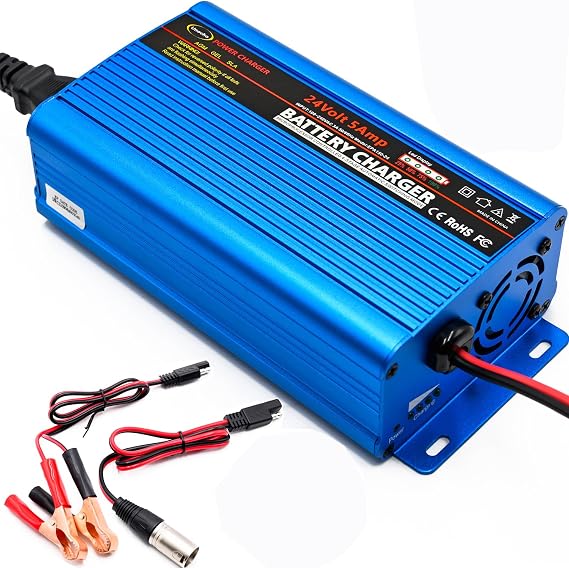 Unocho 24V 5A Battery Charger Smart 4-Stage Lead Acid Battery Maintainer with 3-Pin XLR & Alligator Clips for AGM Gel SLA VRLA Wet Batteries (US Plug)
