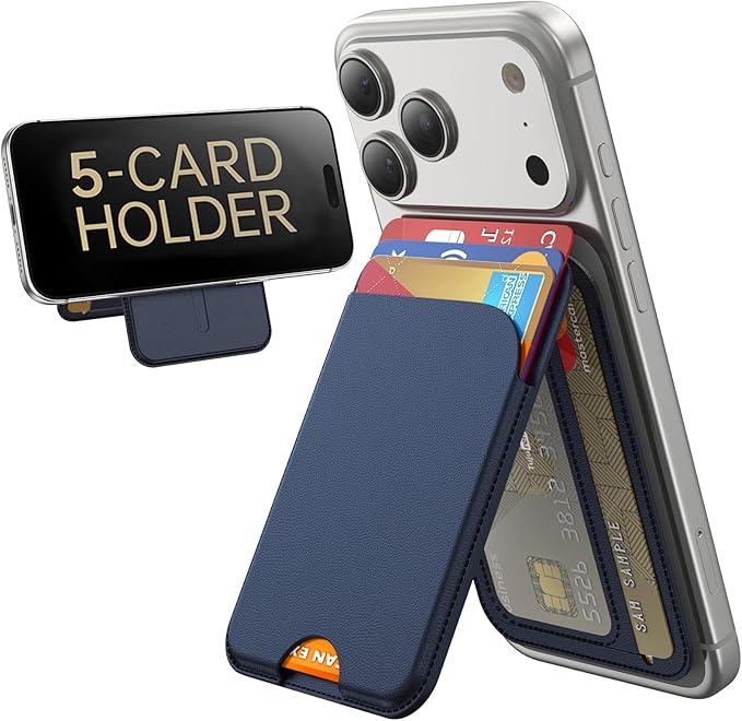 for MagSafe Wallet, 5 Cards Holder with Stand, Magnetic Phone Wallet Stand for iPhone 17/16/15/14/13/12 Pro Max Air Plus Series, RFID Blocking Vegan Leather,Navy Blue
