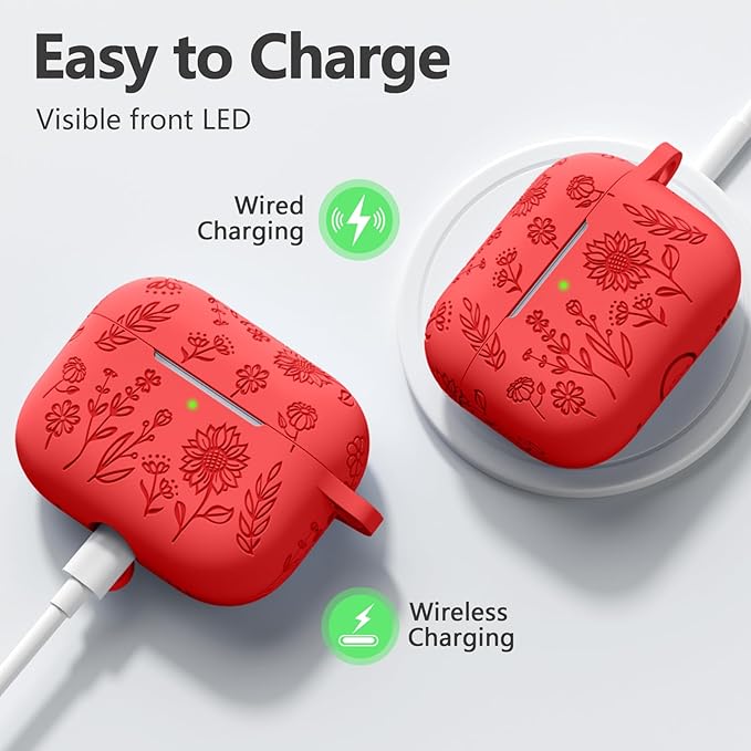 Hamile for AirPods Pro 2nd Generation Case with Cleaner Kit & Keychain, Flower Engraved Soft Silicone Protective AirPods Pro Case Cover for Apple AirPods Pro Case 2nd/1st Gen,Front LED Visible, Red