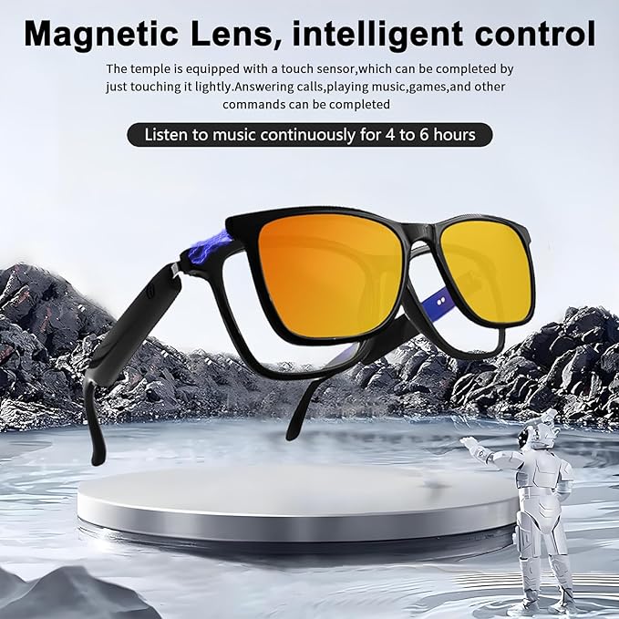 Smart Bluetooth Glasses for Women Men with Magnetic Lenses Music Sunglasses UV400 Open Ear,Clear Calls,Outdoor Driving (with Orange Lens)