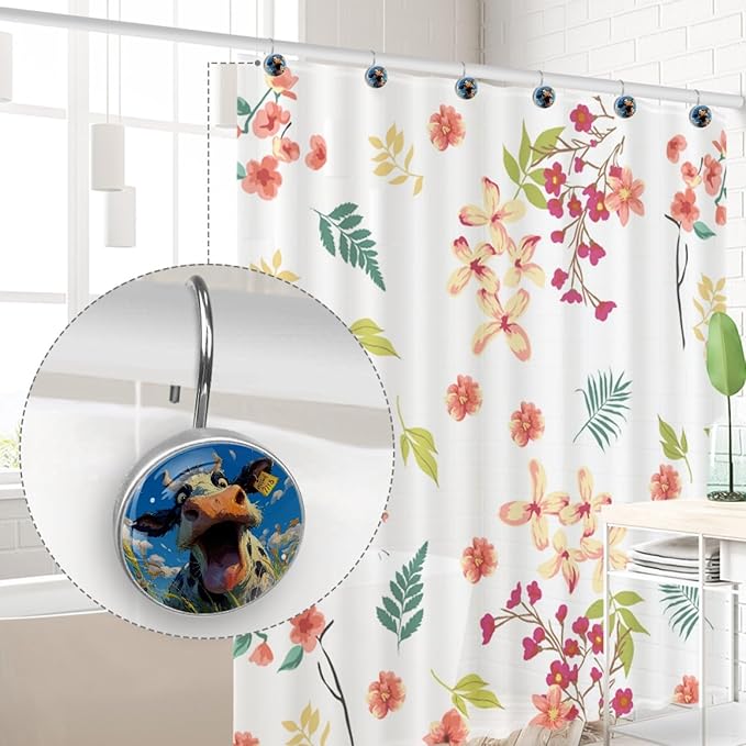 12 Packs Funny Cow Pattern Shower Curtain Hooks, Stainless Steel Glass Shower Curtain Rings for Bathroom Decor, Metal Rustproof Curtain Rod Hooks