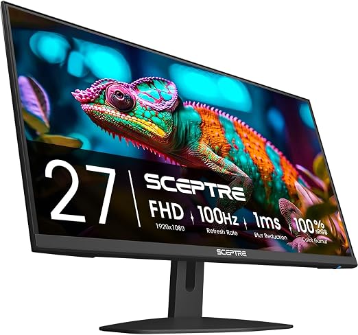 Sceptre 27-Inch Gaming Monitor, FHD 1080p, 100Hz, 1ms, DisplayPort, HDMI x2, 100% sRGB, AMD FreeSync, Built-in Speakers, Eye Care, Frameless, Machine Black (E275W-FW100T Series, 2026)