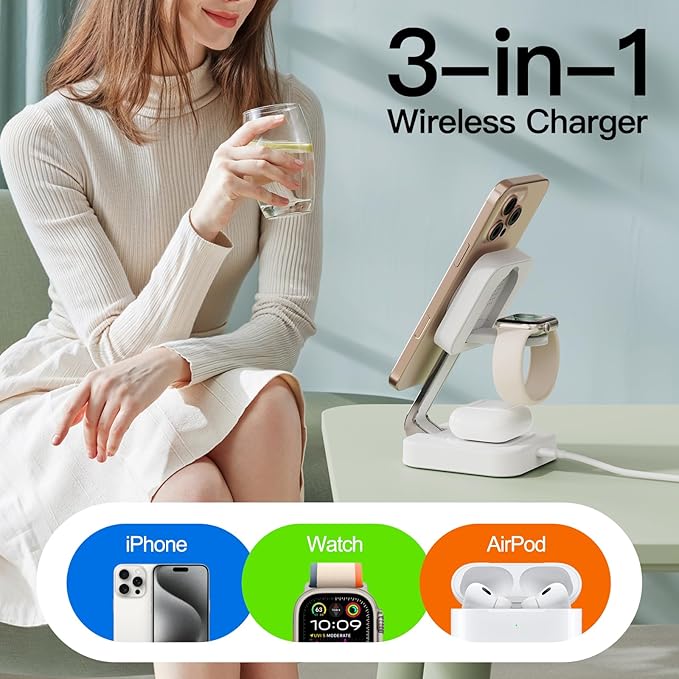 2026 Traveling Wireless Mag-Safe Fast Charging Station,Magnetic 3 in 1 Charger with iPhone 17 16 15 14 13 12 Pro Max Plus,Apple Watch Series & Air pods 4 3 2 Pro-Gifts for Wife & Husband(White)